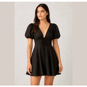 HOUSE of Harlow 1960 X Revolve Black Puff Sleeve Peasant Dress Fit&Flare Size 2